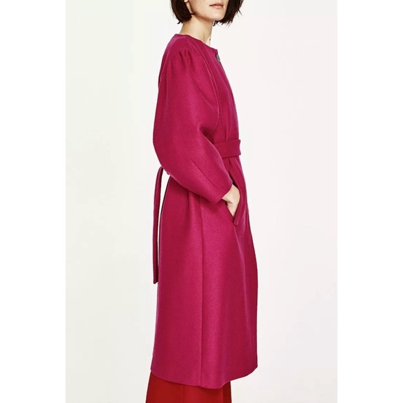Zara puff sleeve wool blend belted coat fuchsia pink - Picture 15 of 15